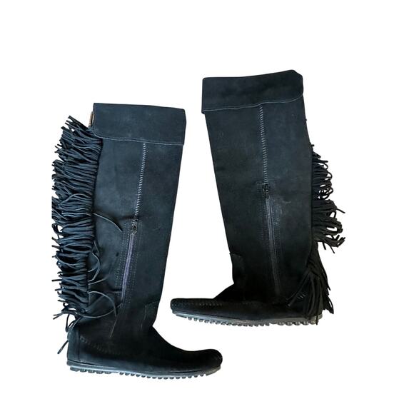 Minnetonka Over The Knee Fringe Black Suede Boots size 5 - Picture 1 of 9
